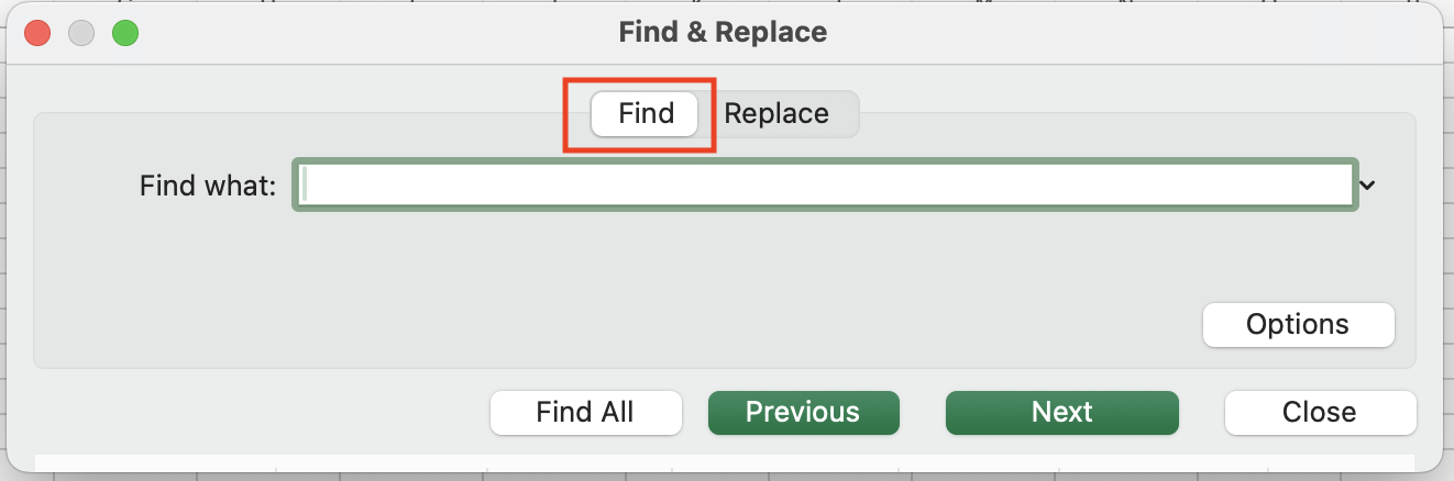 Excel Find dialog showing search options